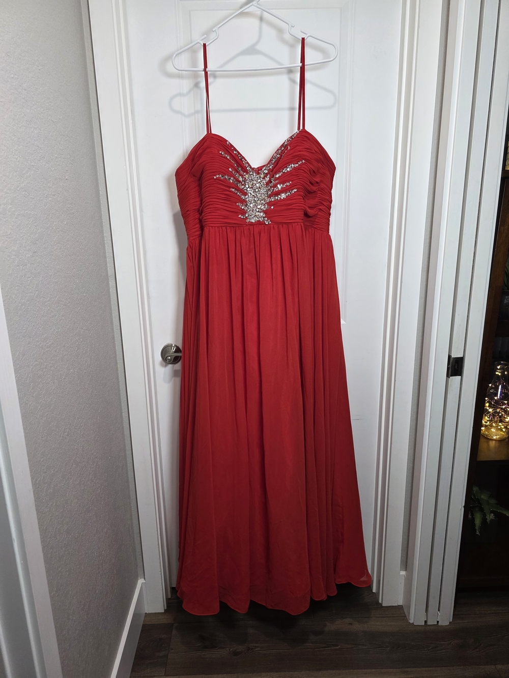 Sydney's Closet Red Beaded Spaghetti Strap Prom Gown